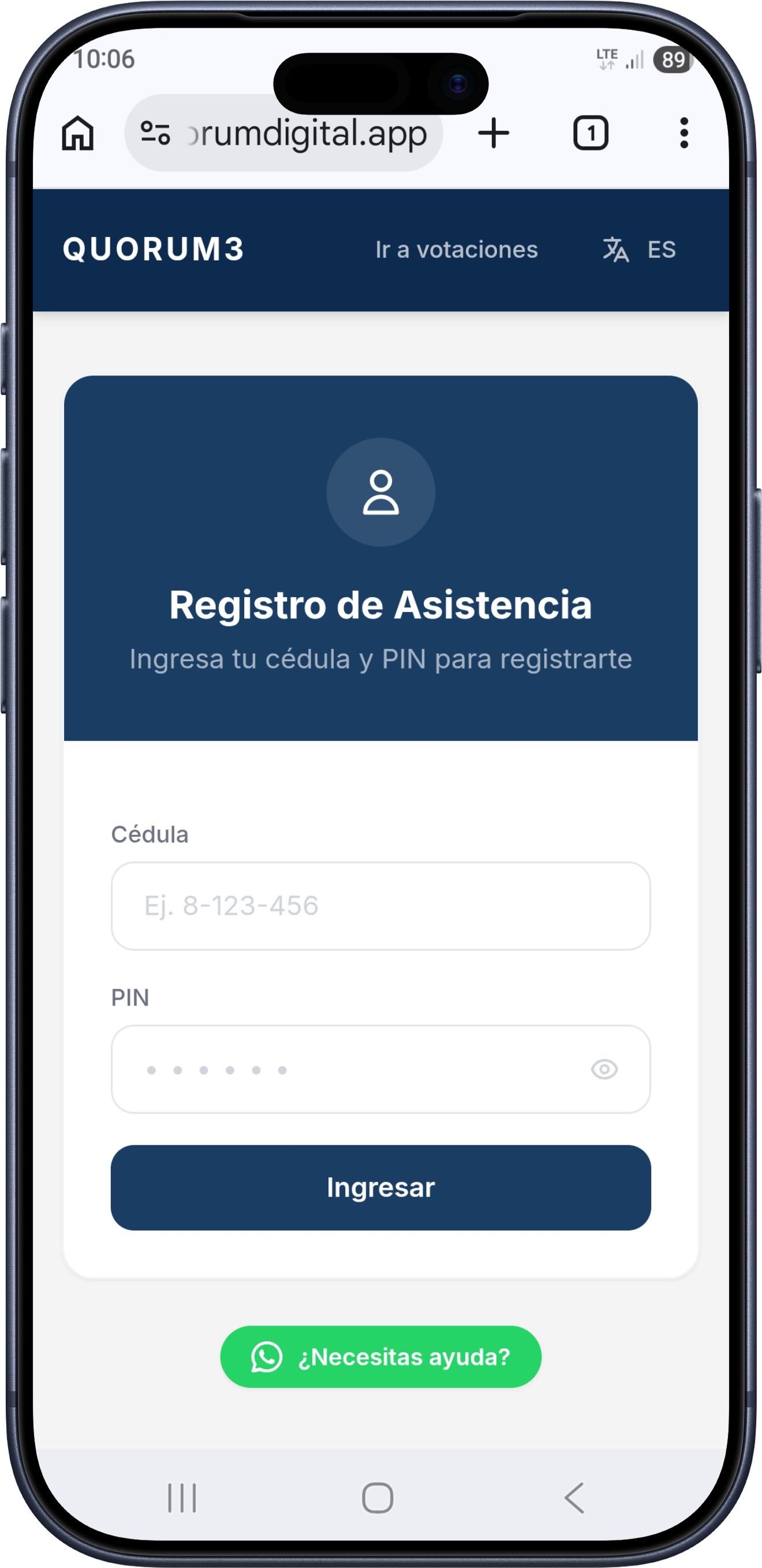Pantalla de acceso del propietario